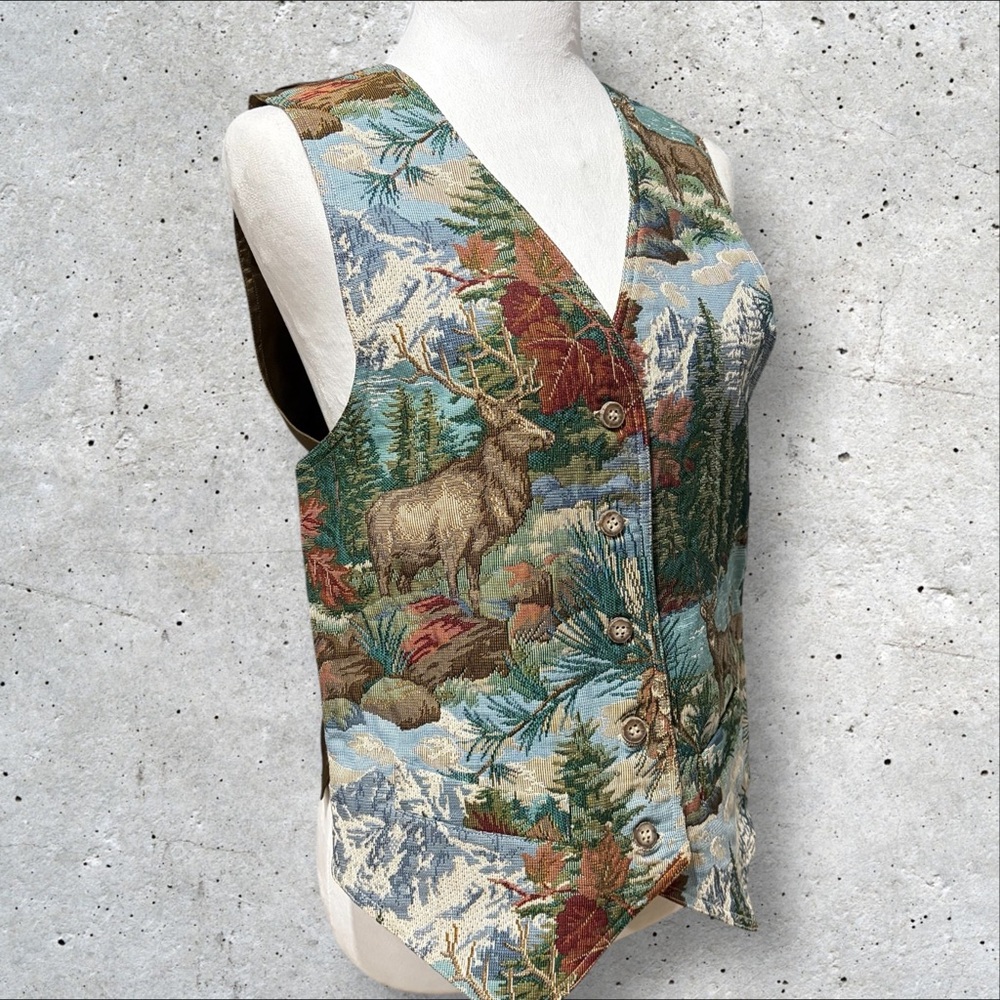 Vintage Liz Sport Tapestry Vest‎ Stag Deer Mountain Scenic Size 8